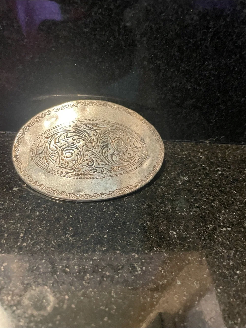Engraved Oval Metal Hair Clip in Antiqued Silver